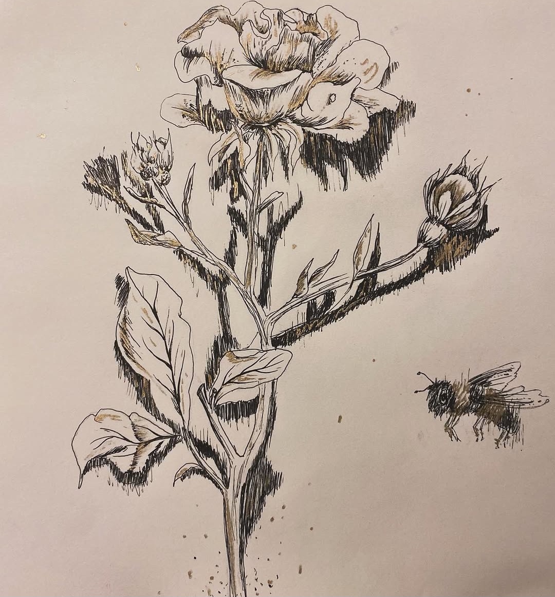 Flower drawing with a bee